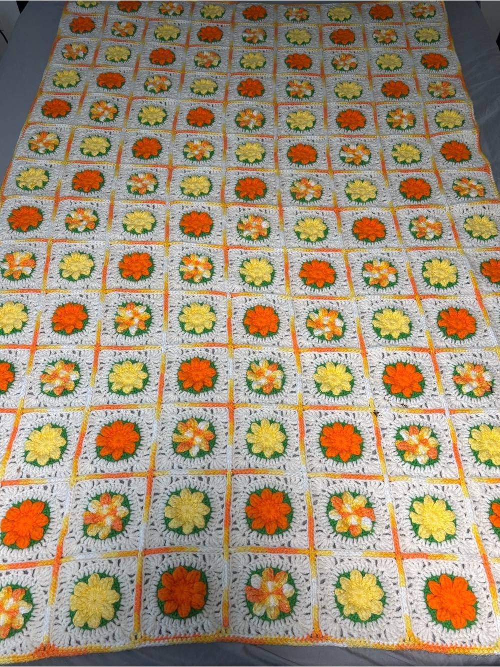Afghan 3D Granny Flower Knitted Crochet Throw Blanket Orange Yellow 72x45 Groovy - Picture 6 of 8